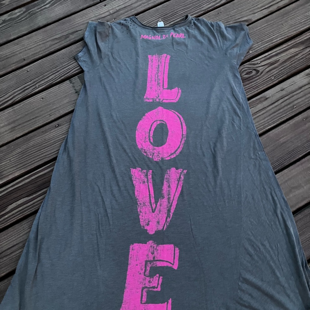 Magnolia Pearl charcoal dress with hot pink LOVE print